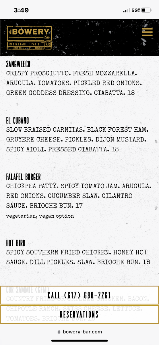 The Bowery Bar Menu - Image 1
